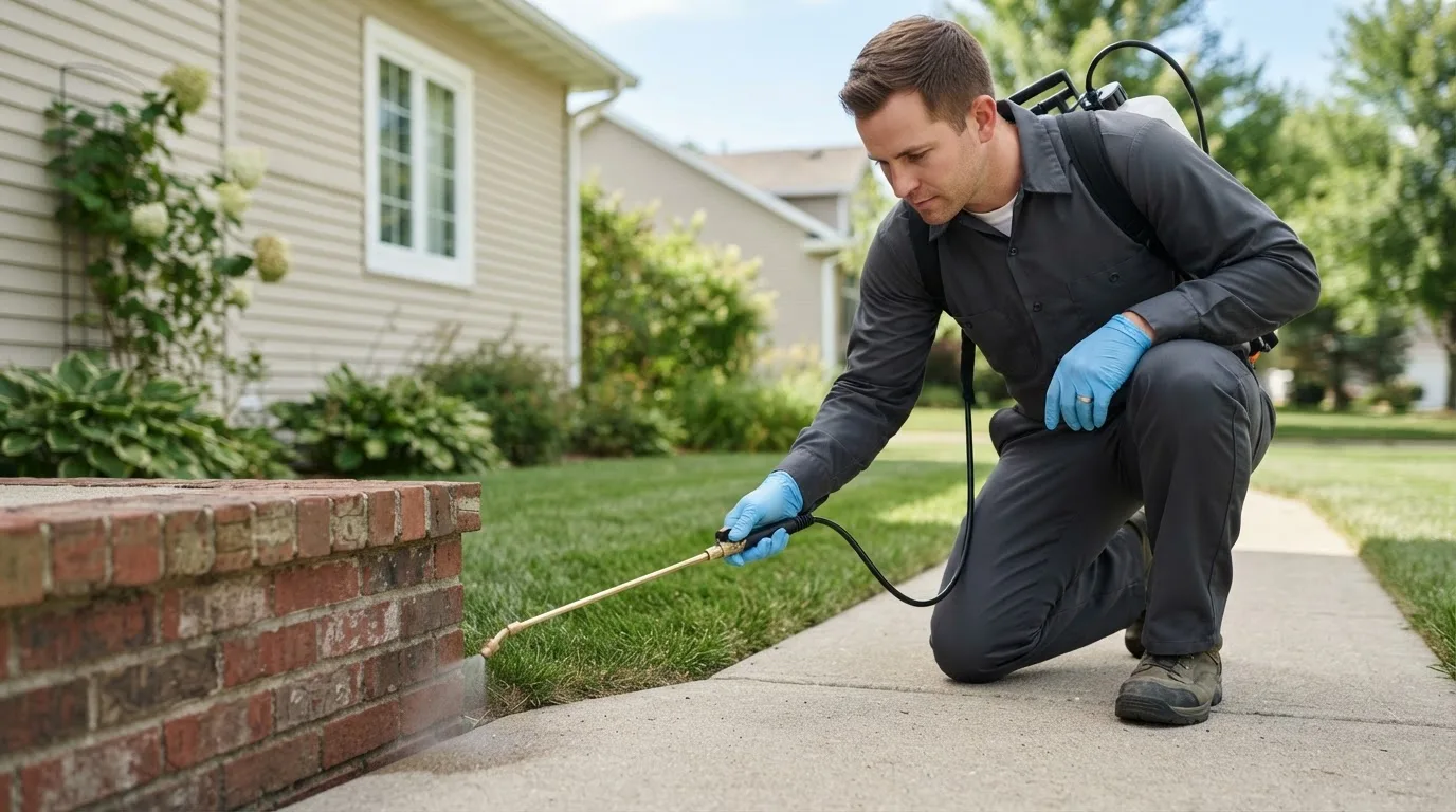 Pest control technician treating a home near Russell, KS